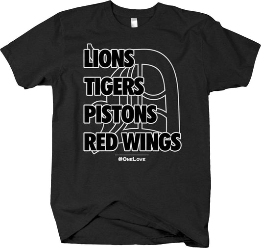 #OneLove Detroit Sports Teams T-shirt - Detroit Lions Tigers Pistons Red Wings - Larger Sizes